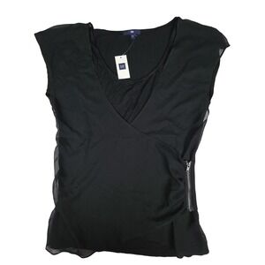 Gap Faux Wrap Side Zip Sleeveless Blouse Women S Black Sheer Overlay Rayon Poly